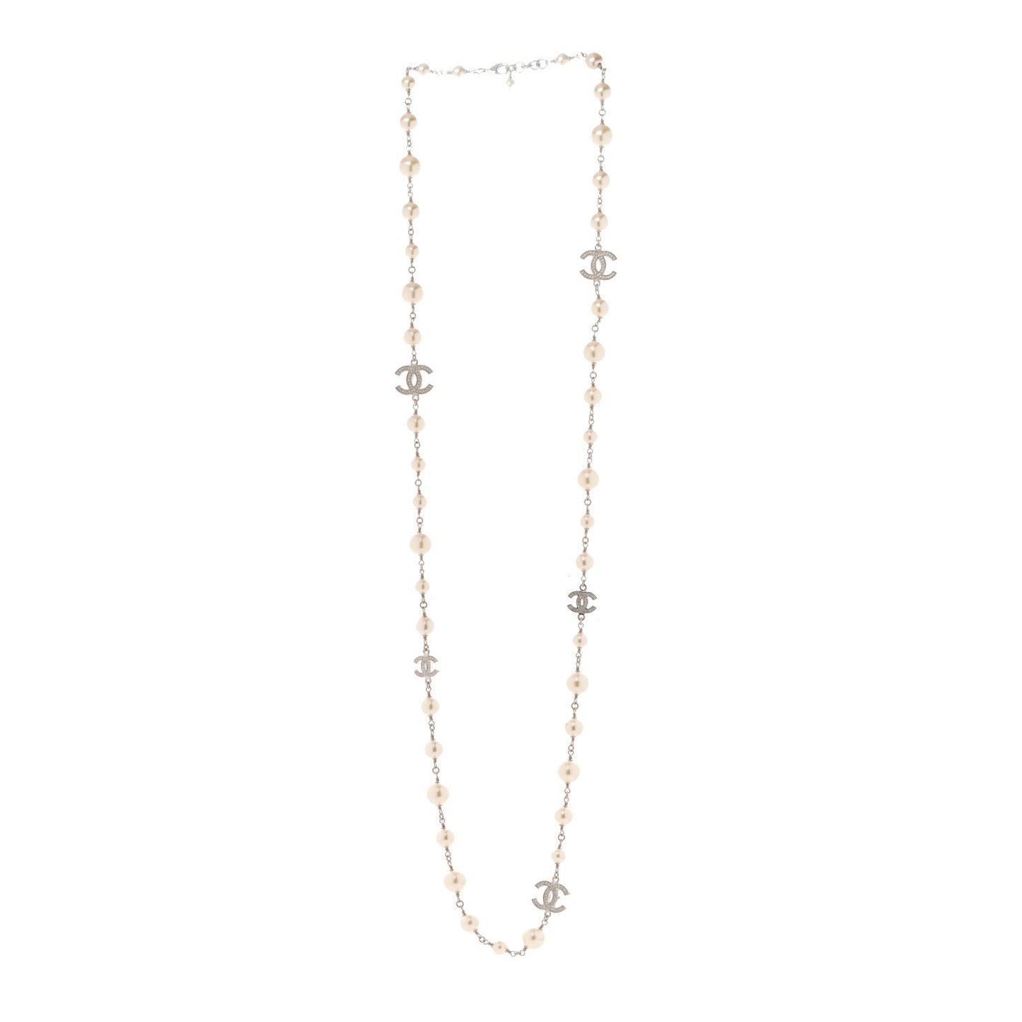Graduated Pearl Crystal CC Long Necklace Silver