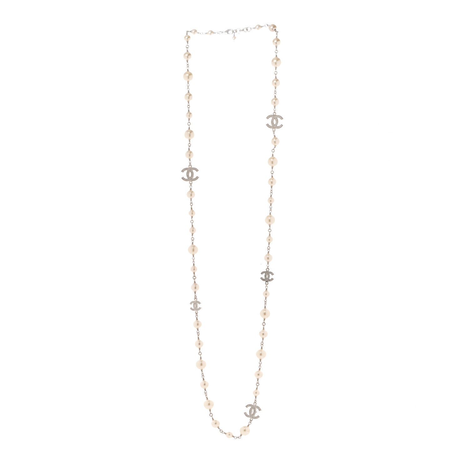 Chanel Graduated Pearl Crystal CC Long Necklace Silver 3 of 6