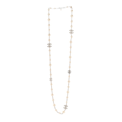 Chanel Graduated Pearl Crystal CC Long Necklace Silver 3 of 6