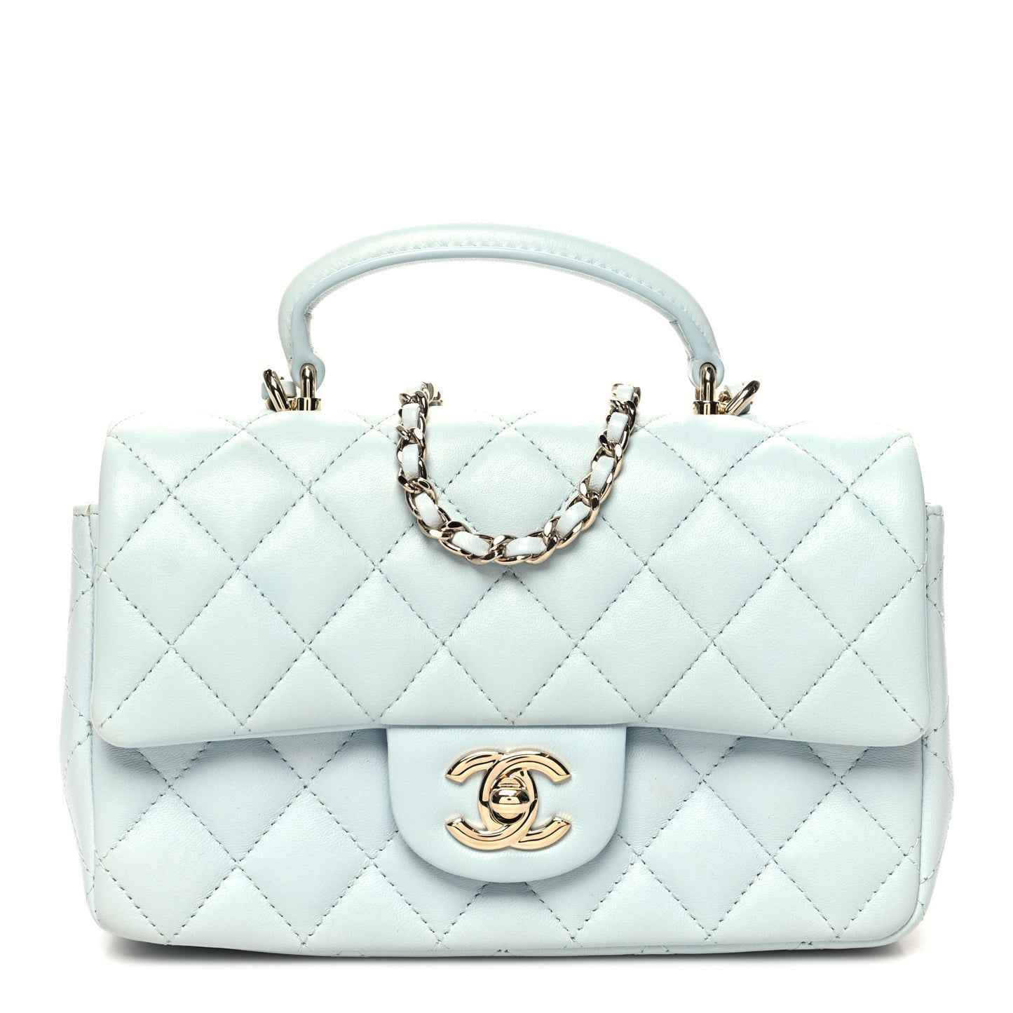 Lambskin Quilted Mini Top Handle Rectangular Flap Light Blue