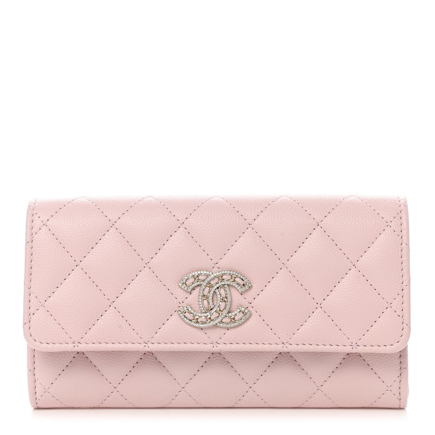Caviar Quilted Crystal CC Large Gusset Flap Wallet Pink