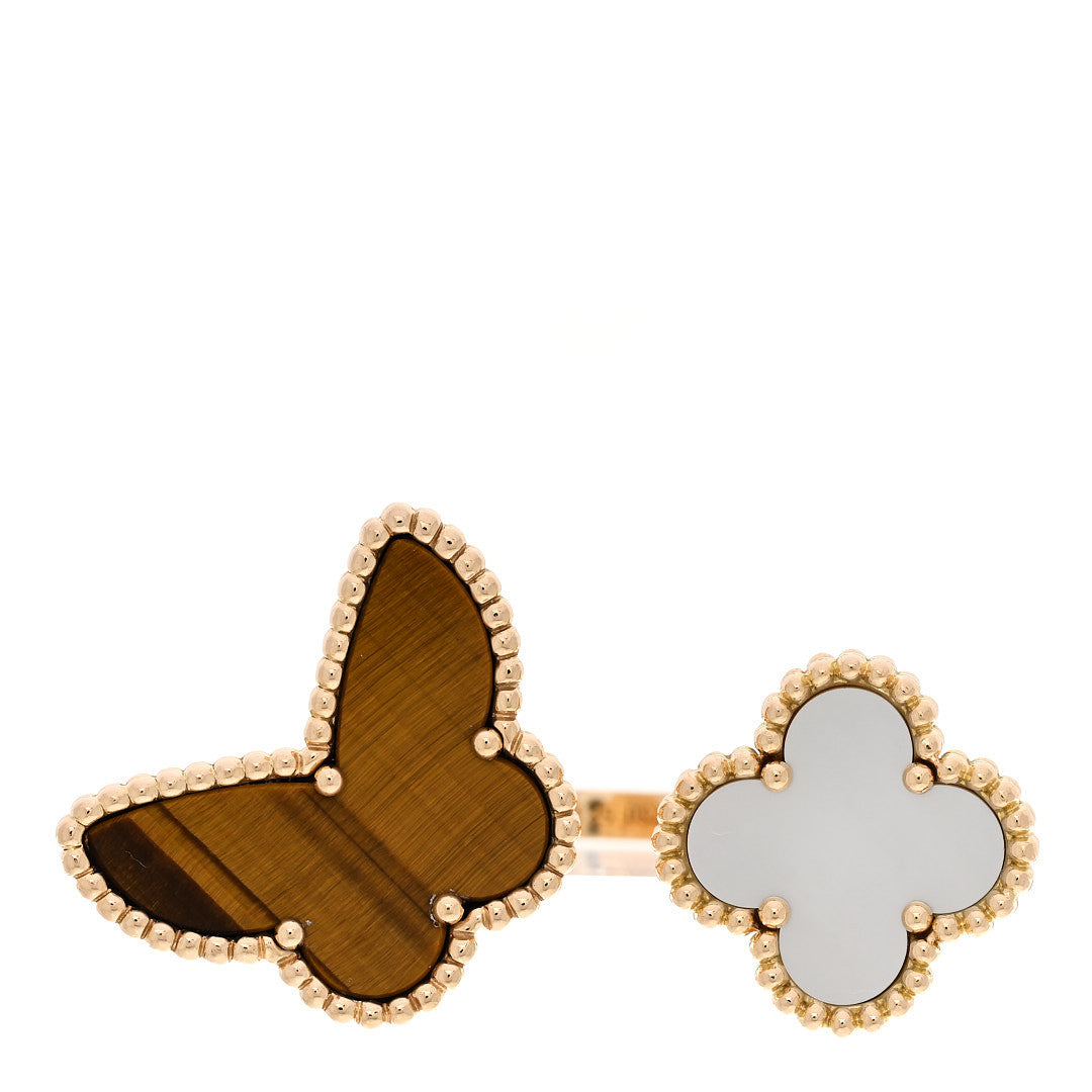 Van Cleef & Arpels 18K Yellow Gold Mother of Pearl Tiger Eye Lucky Alhambra Between the Finger Ring 53 6.5 1 of 5