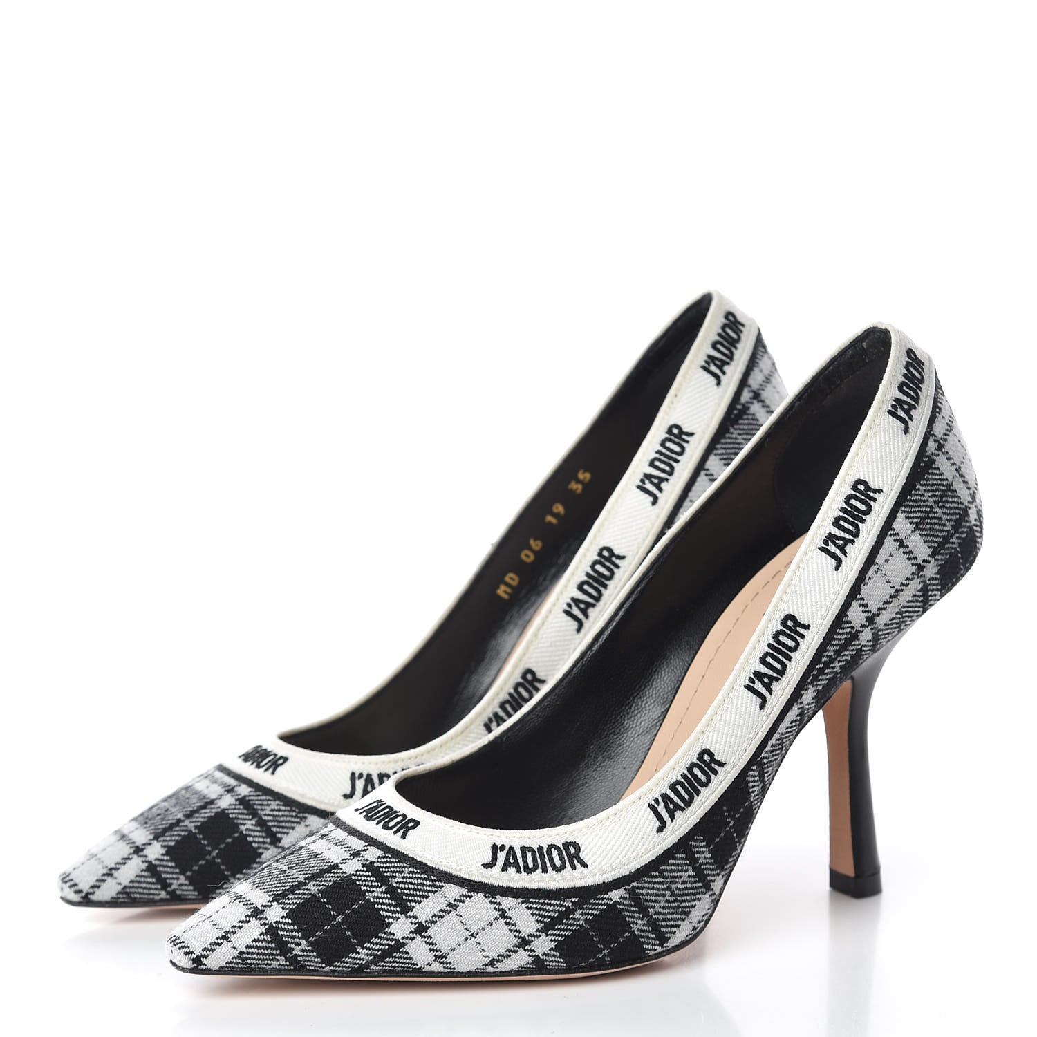 Christian Dior Canvas Ribbon Tartan Print Embroidered J'Adior 100mm Pumps 35 Black Off White 3 of 9