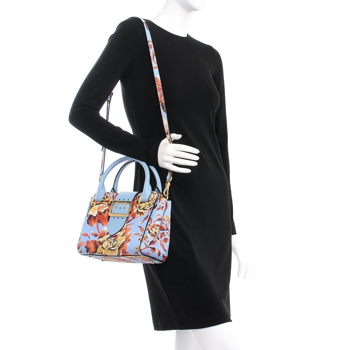 Soft Grain Calfskin Floral Print Small Buckle Tote Peony Rose Pale Blue Vibrant Orange