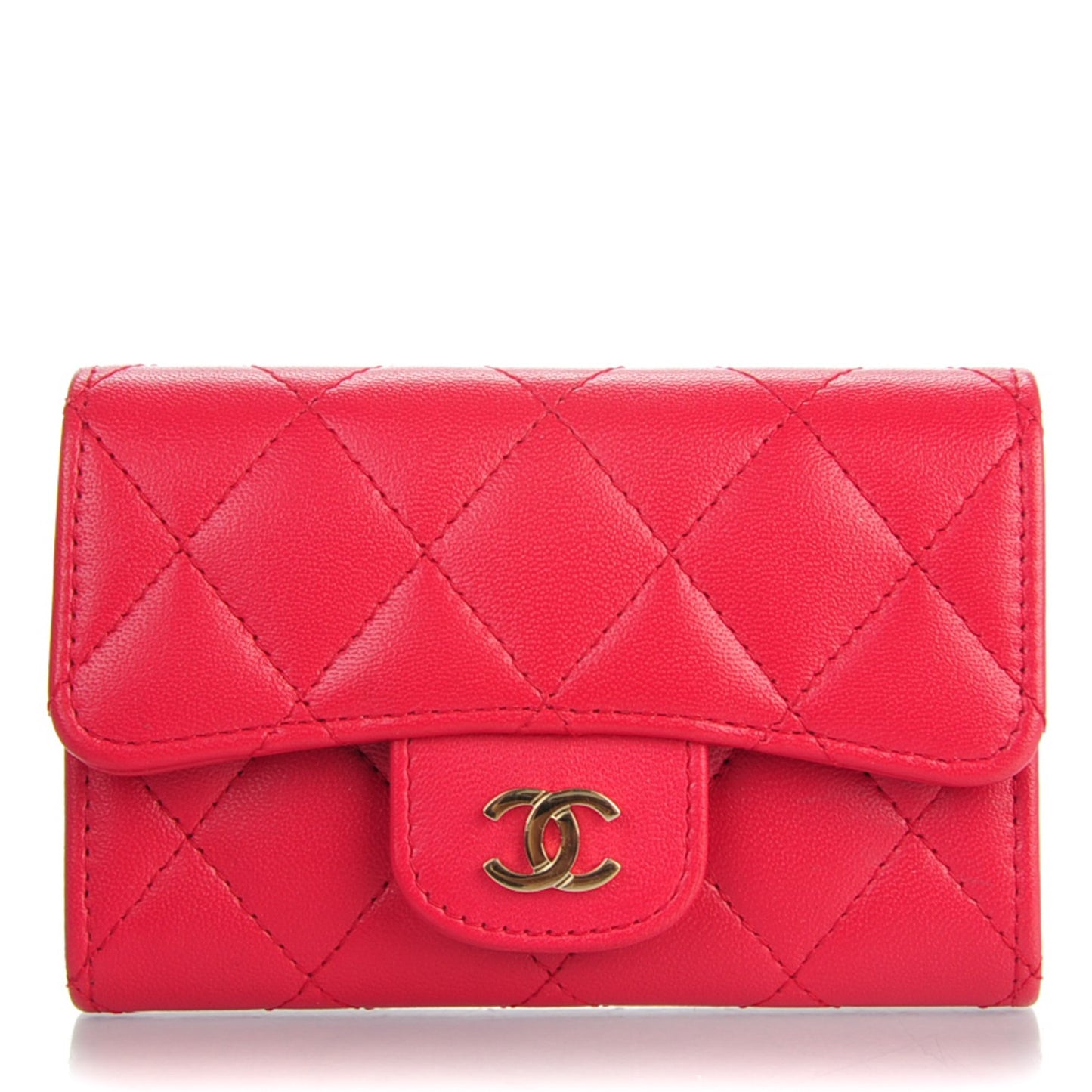 Lambskin Quilted Flap Card Holder Dark Pink
