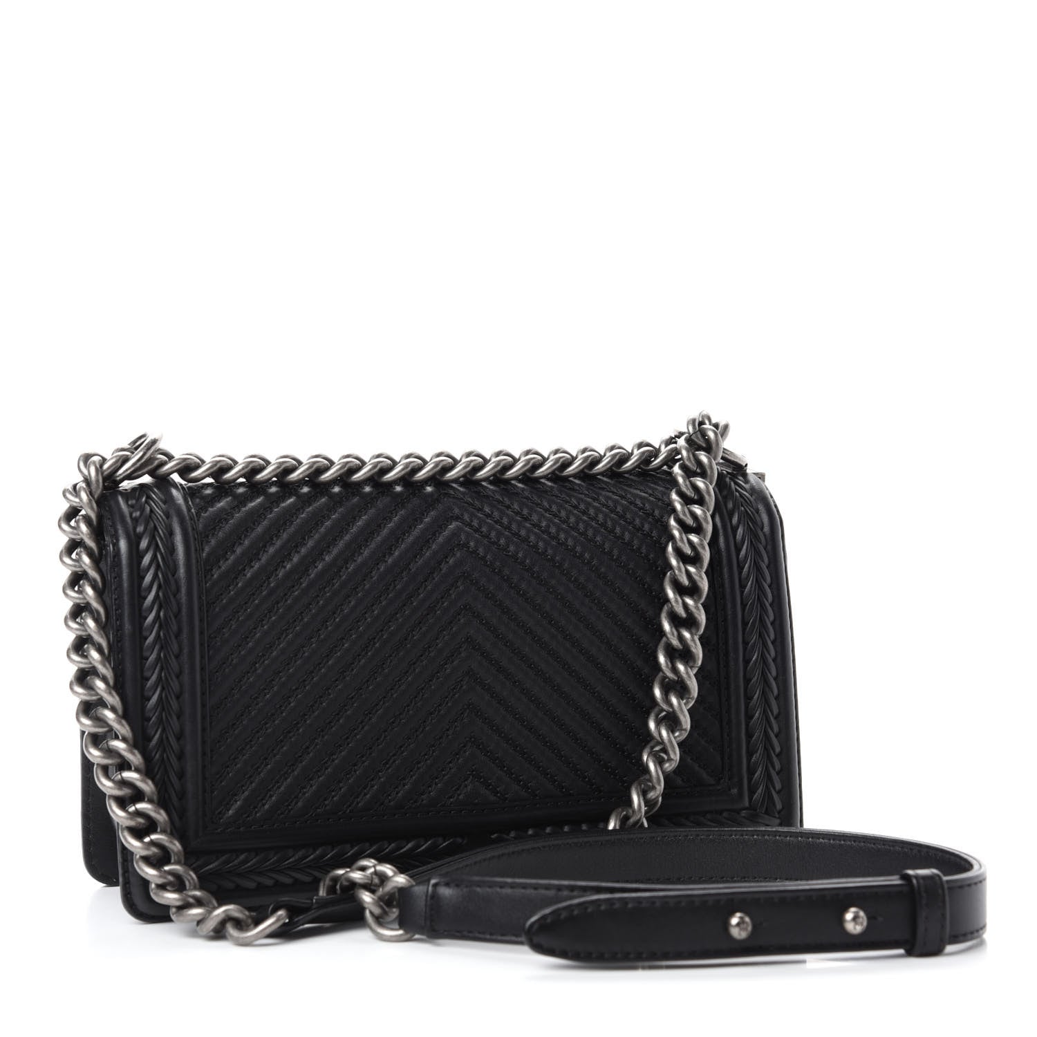 Chanel Calfskin Chevron Quilted Medium Braided Boy Flap Black 3 of 14