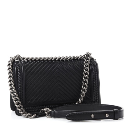 Chanel Calfskin Chevron Quilted Medium Braided Boy Flap Black 3 of 14