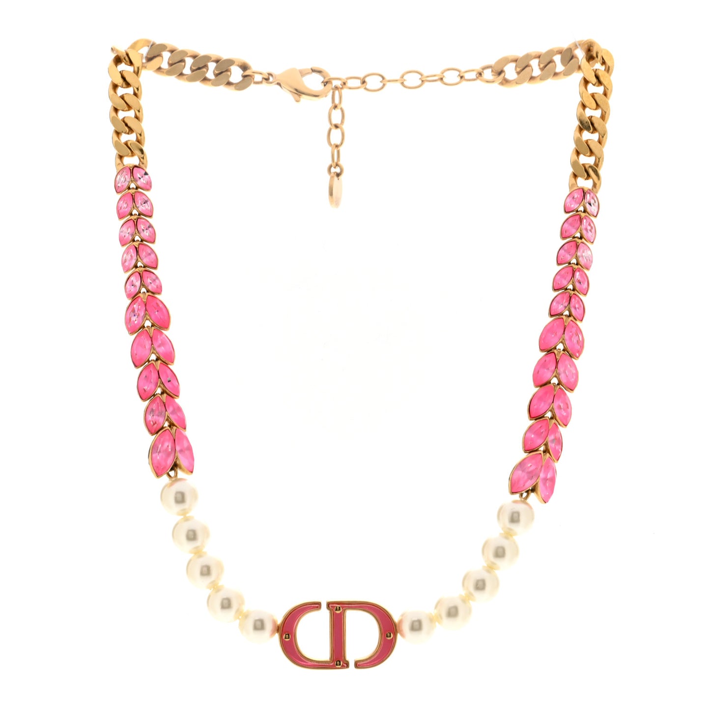 Metal Pearl CD Chain Choker Necklace Gold Pink