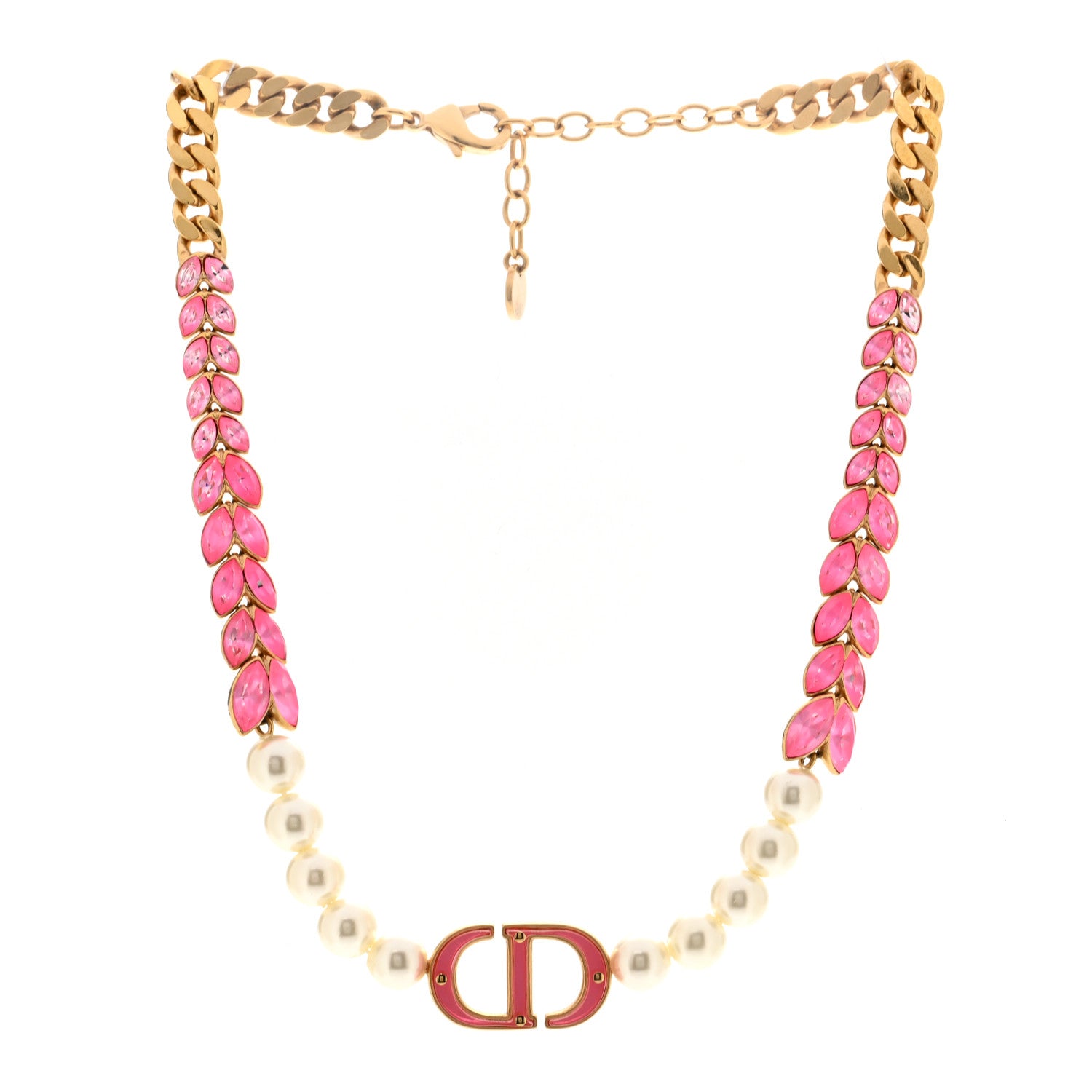 Christian Dior Metal Pearl CD Chain Choker Necklace Gold Pink 3 of 6