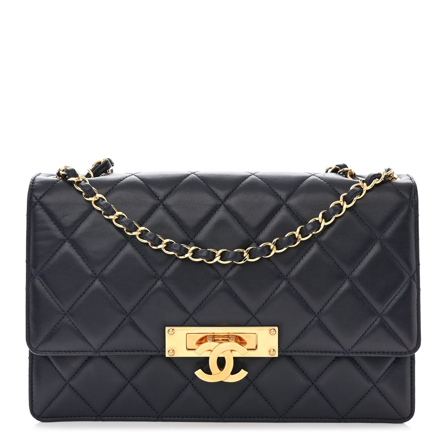 Lambskin Quilted Large Golden Class Flap Navy