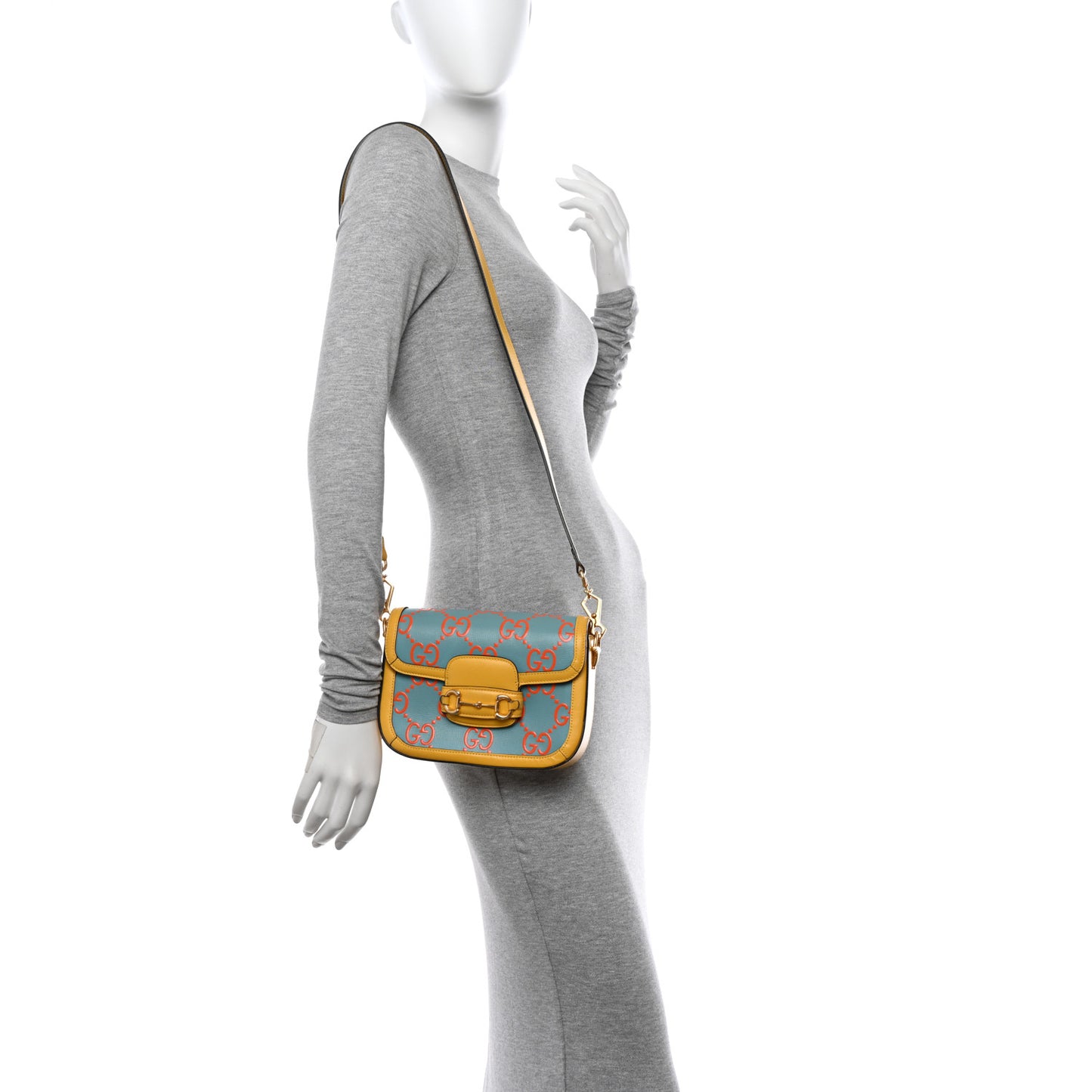 Azalea Calfskin GG Monogram Bi-Color Debossed Mini Horsebit 1955 Shoulder Bag Dusty Azure Stone Topaz Deep Orange