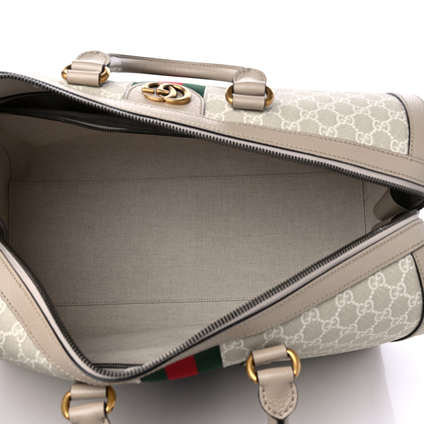 GG Supreme Monogram Textured Dollar Calfskin Web Medium Savoy Duffle Bag Beige Mystic White Oatmeal