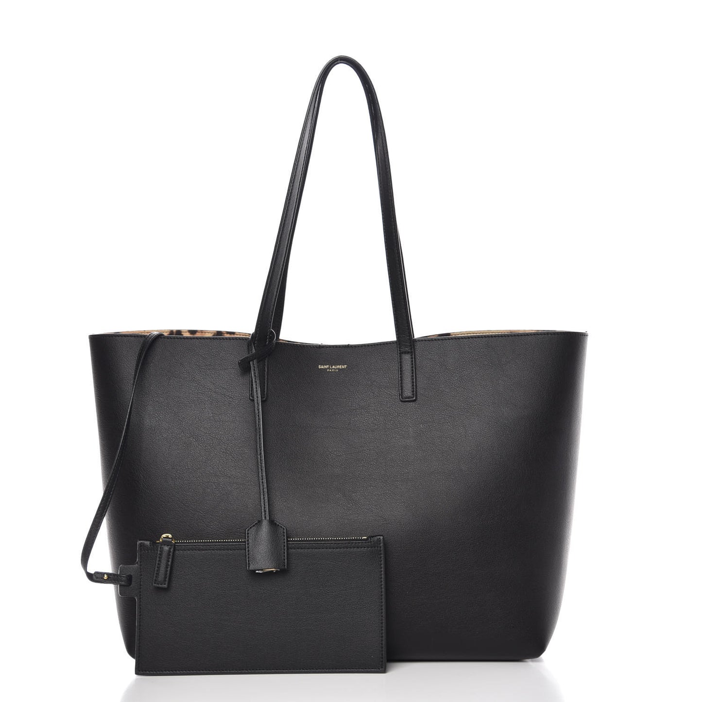 Calfskin Large Leopard Print Shopping Tote Black
