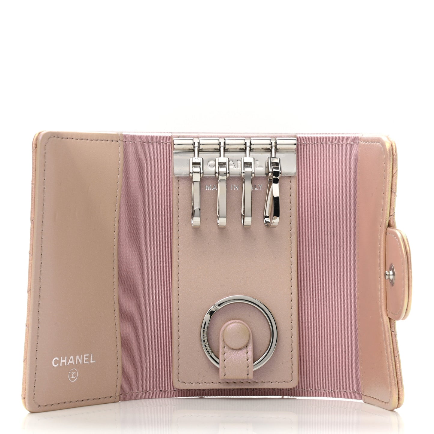 Iridescent Calfskin Quilted Classic 4 Key Holder Wallet Pink