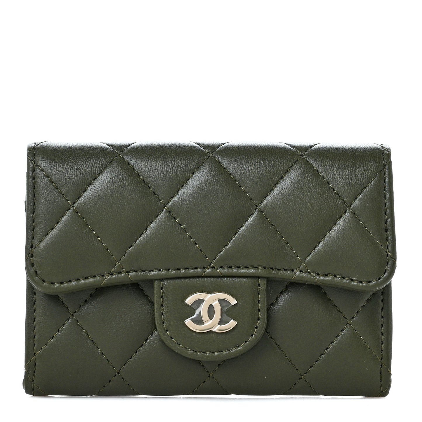 Lambskin Quilted Flap Card Holder Wallet Khaki