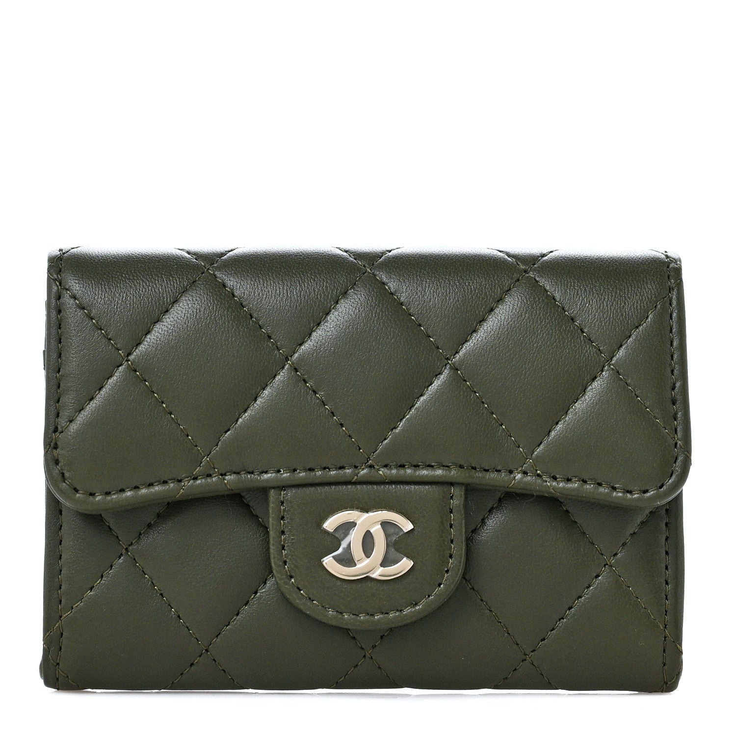 Chanel Lambskin Quilted Flap Card Holder Wallet Khaki 1 of 8