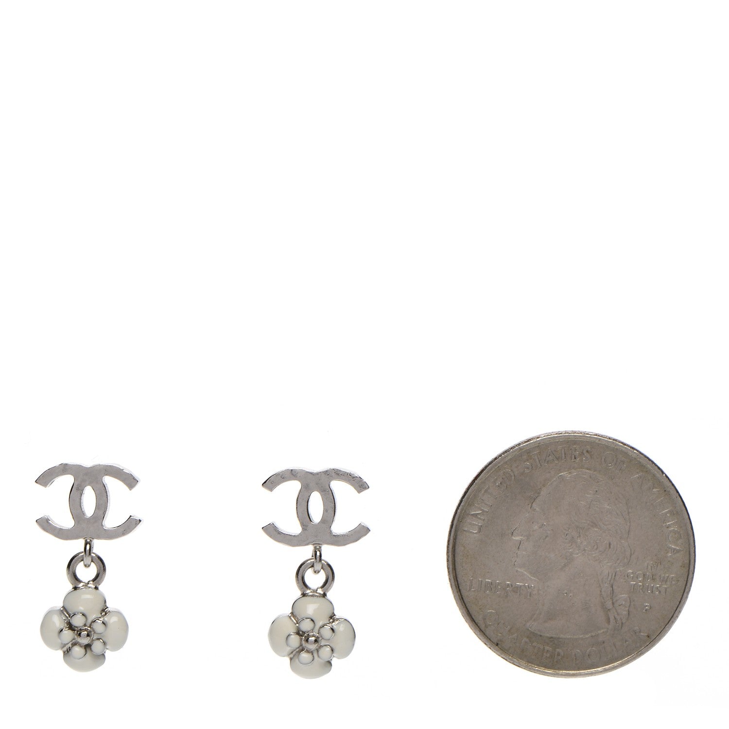 Chanel Enamel CC Camellia Drop Earrings Silver 2 of 4
