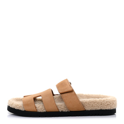 Hermes Suede Goatskin Woolskin Womens Chypre Sandals 37 Golden Beige 1 of 9