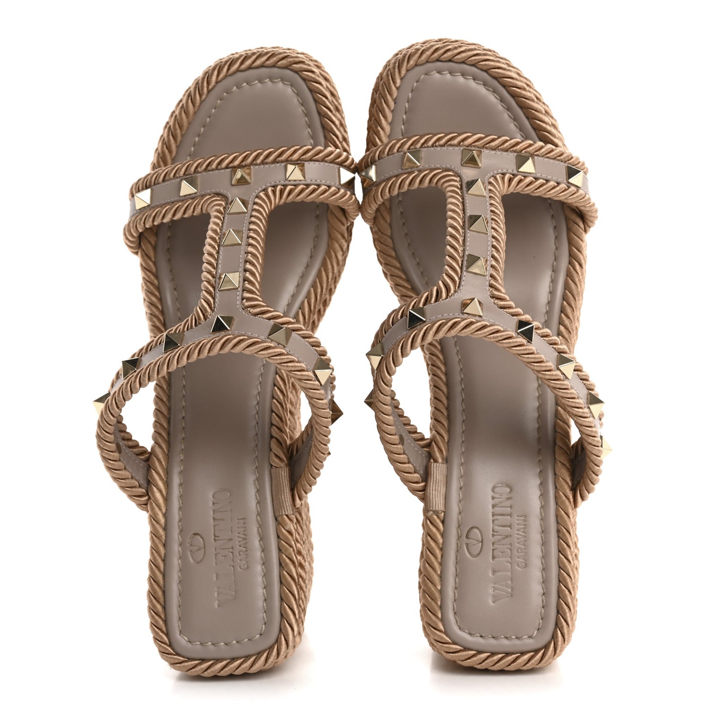Calfskin Rockstud Torchon Espadrille Caged 25/95mm Wedge Sandals 39 Poudre