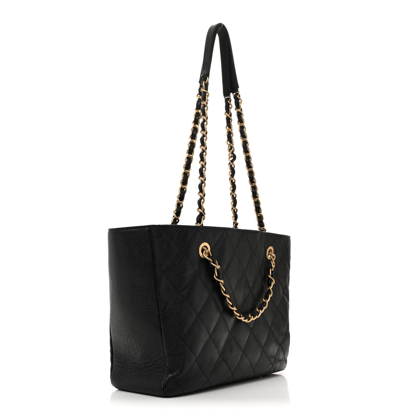 Caviar Quilted Small Trapezoid Chain Shopping Tote Black