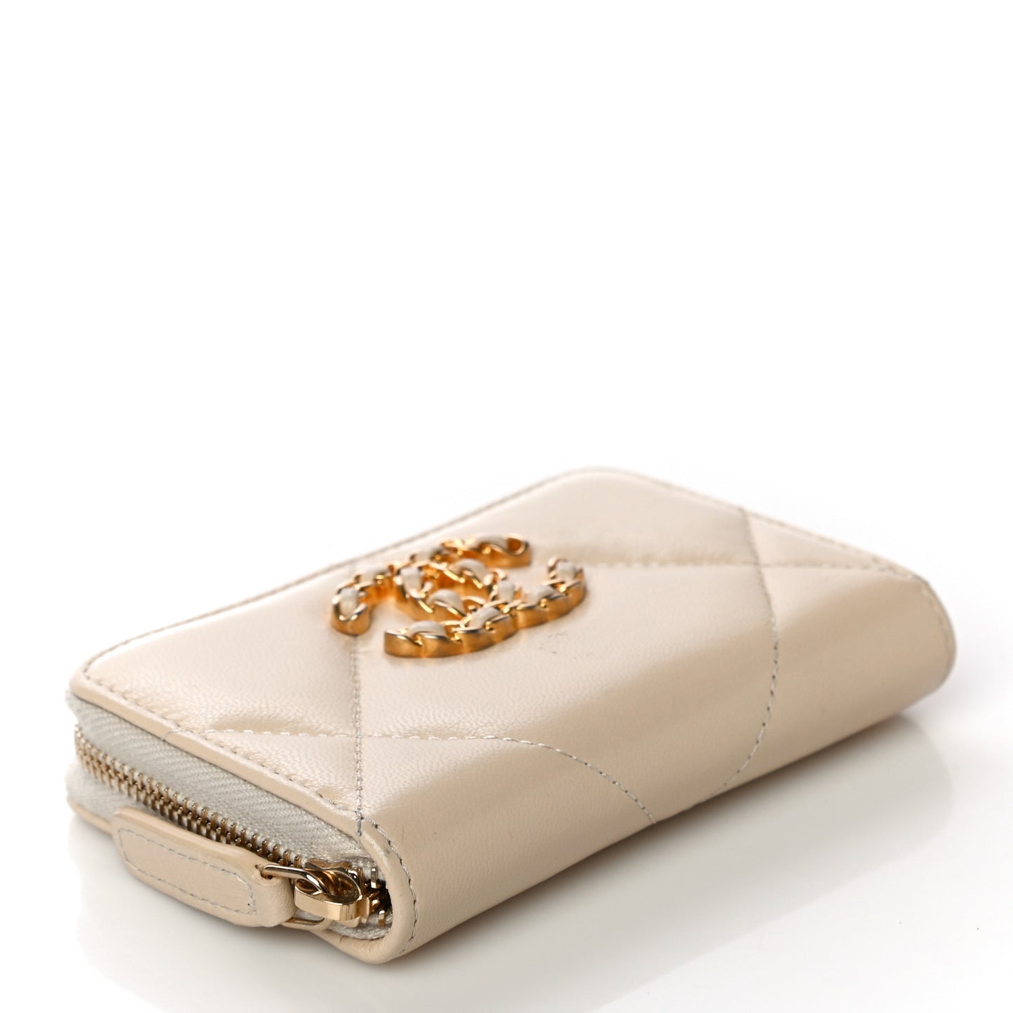 Lambskin Quilted 19 Zip Around Coin Purse Wallet Beige
