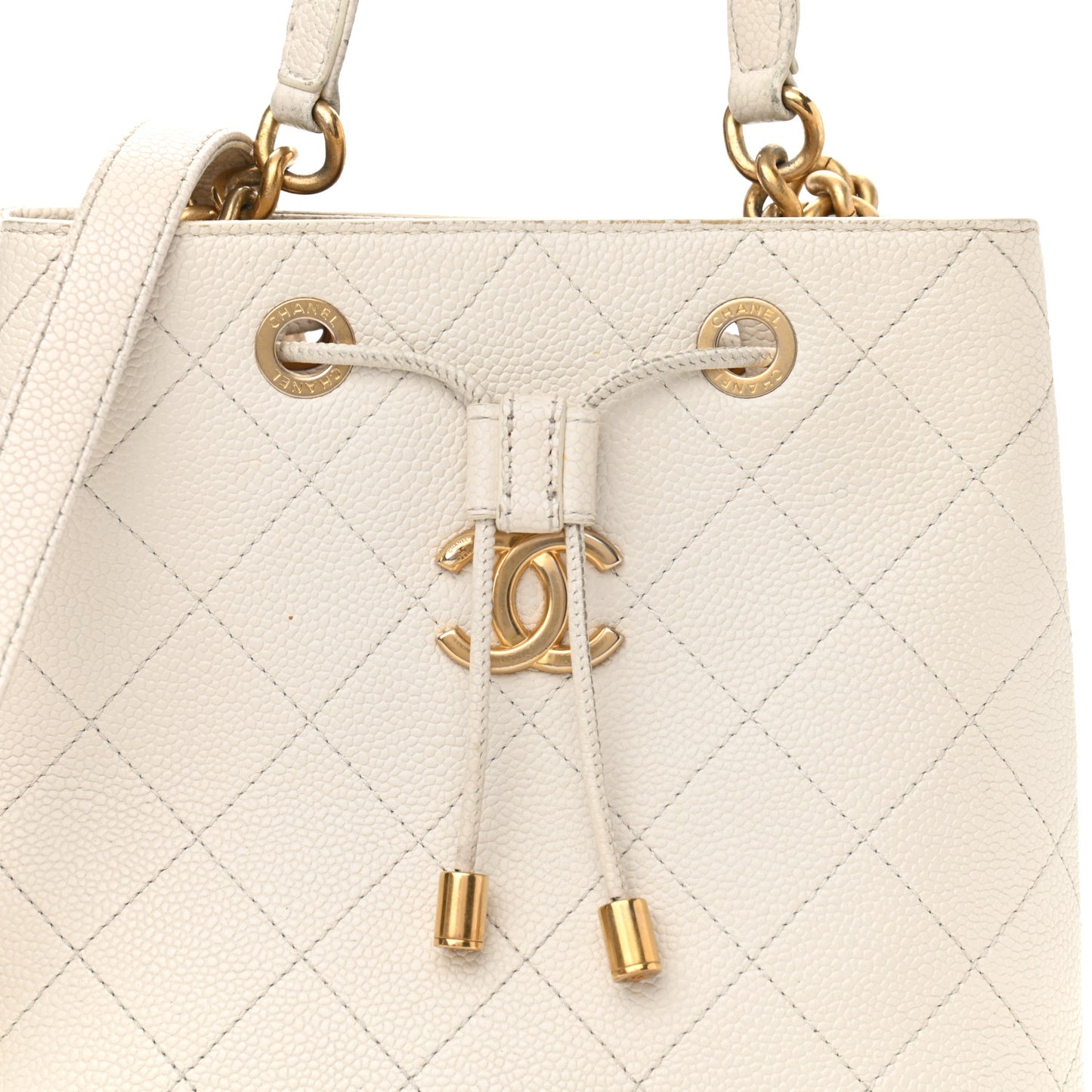 Caviar Diamond Stitched CC Bucket Drawstring Bag White