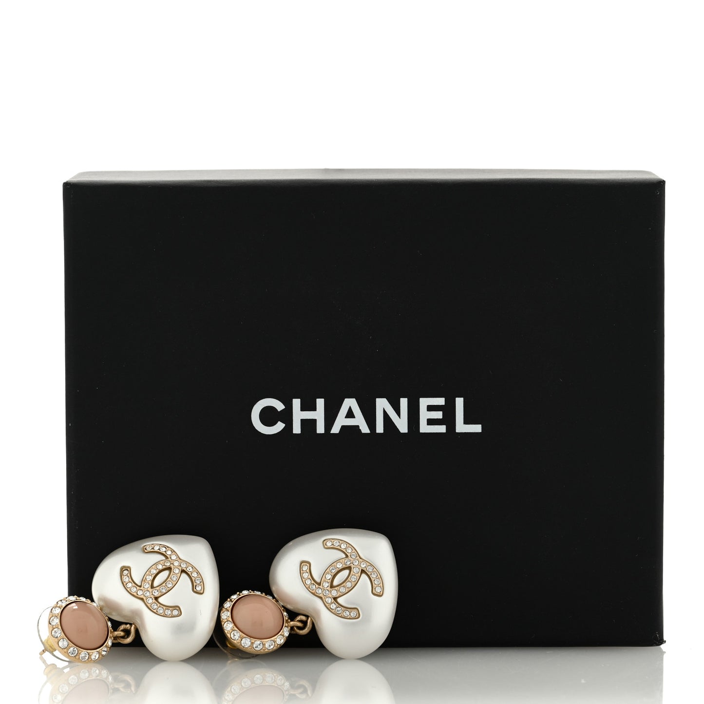 Pearl Resin Crystal CC Heart Drop Earrings Pink Gold