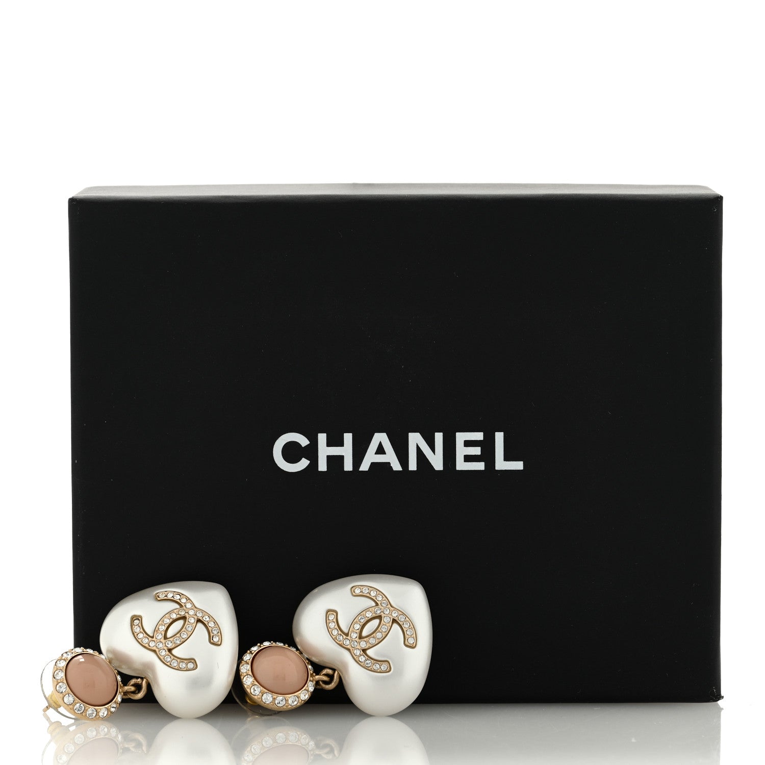 Chanel Pearl Resin Crystal CC Heart Drop Earrings Pink Gold 5 of 5