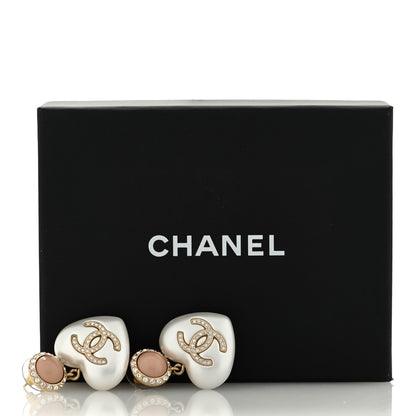 Chanel Pearl Resin Crystal CC Heart Drop Earrings Pink Gold 5 of 5