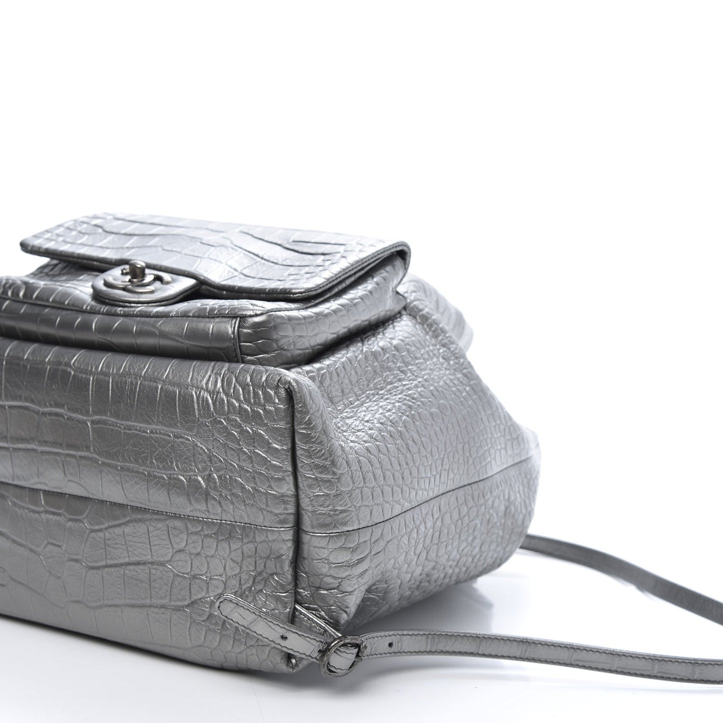 Metallic Calfskin Crocodile Embossed Large Backpack Silver