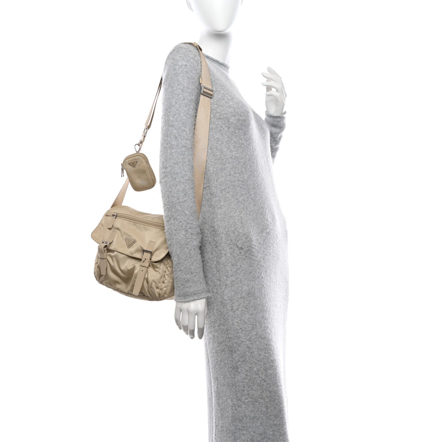 Re-Nylon Vela Saffiano Pocket Double Buckle Messenger Shoulder Bag Deserto