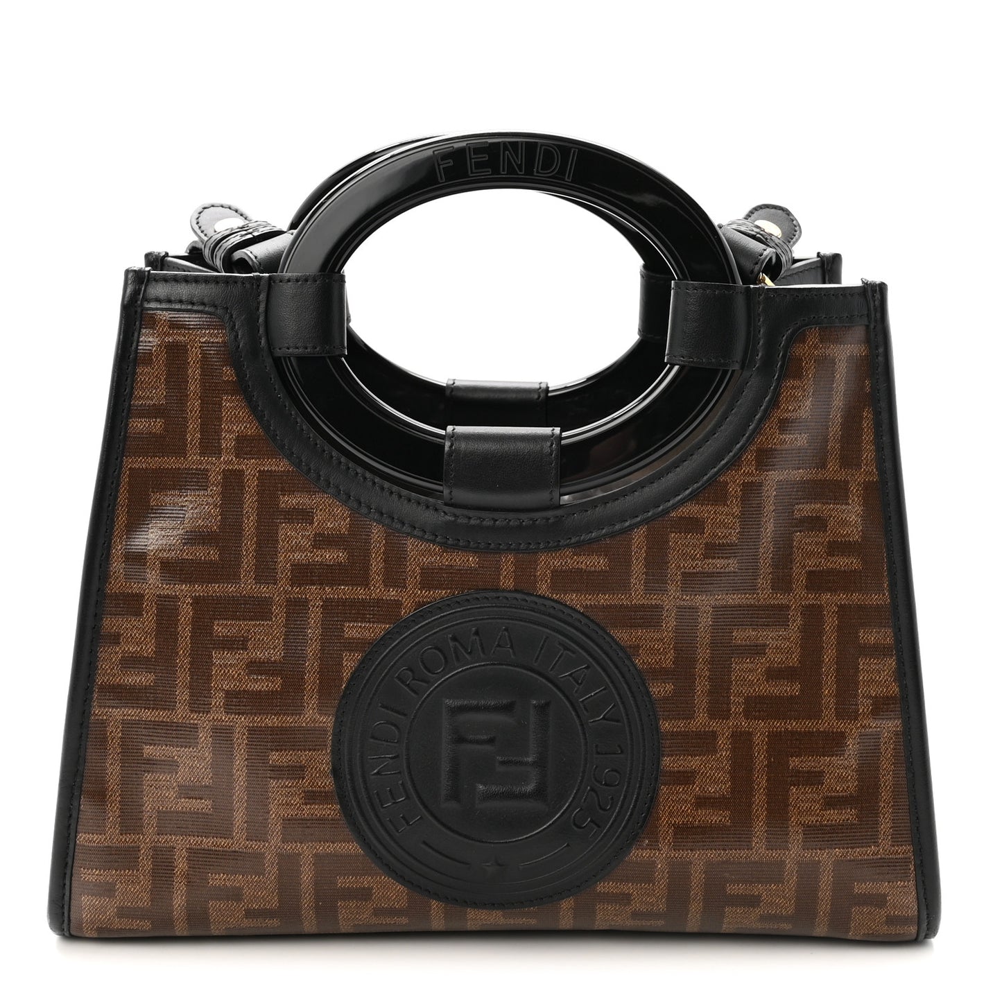 Glazed Fabric Vitello Century Plexiglass FF 1974 Stamp Patch Small Runaway Shopper Tote Mogano Panna Black