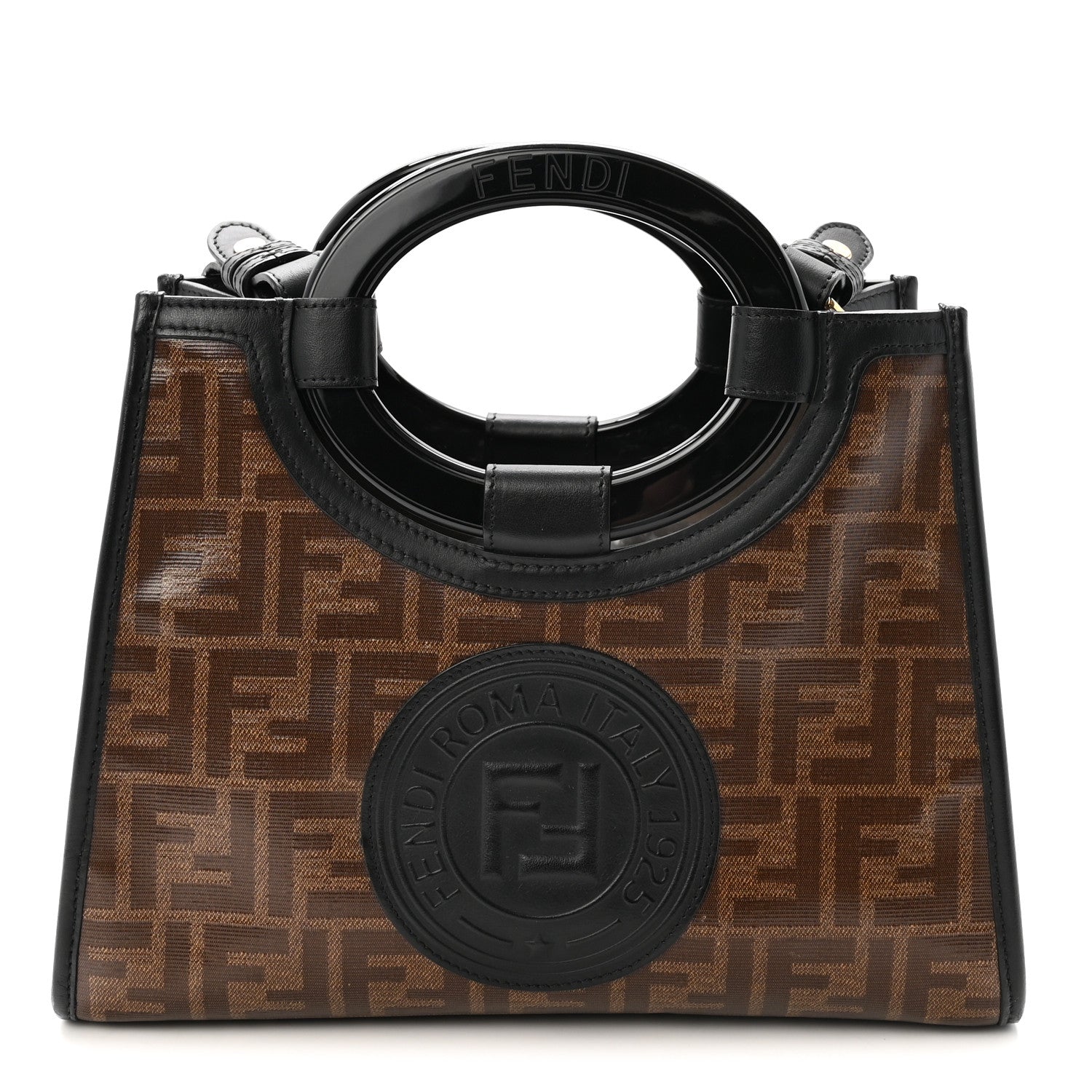 Fendi Glazed Fabric Vitello Century Plexiglass FF 1974 Stamp Patch Small Runaway Shopper Tote Mogano Panna Black 1 of 10
