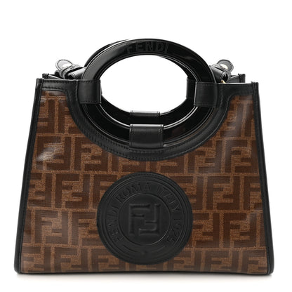 Fendi Glazed Fabric Vitello Century Plexiglass FF 1974 Stamp Patch Small Runaway Shopper Tote Mogano Panna Black 1 of 10