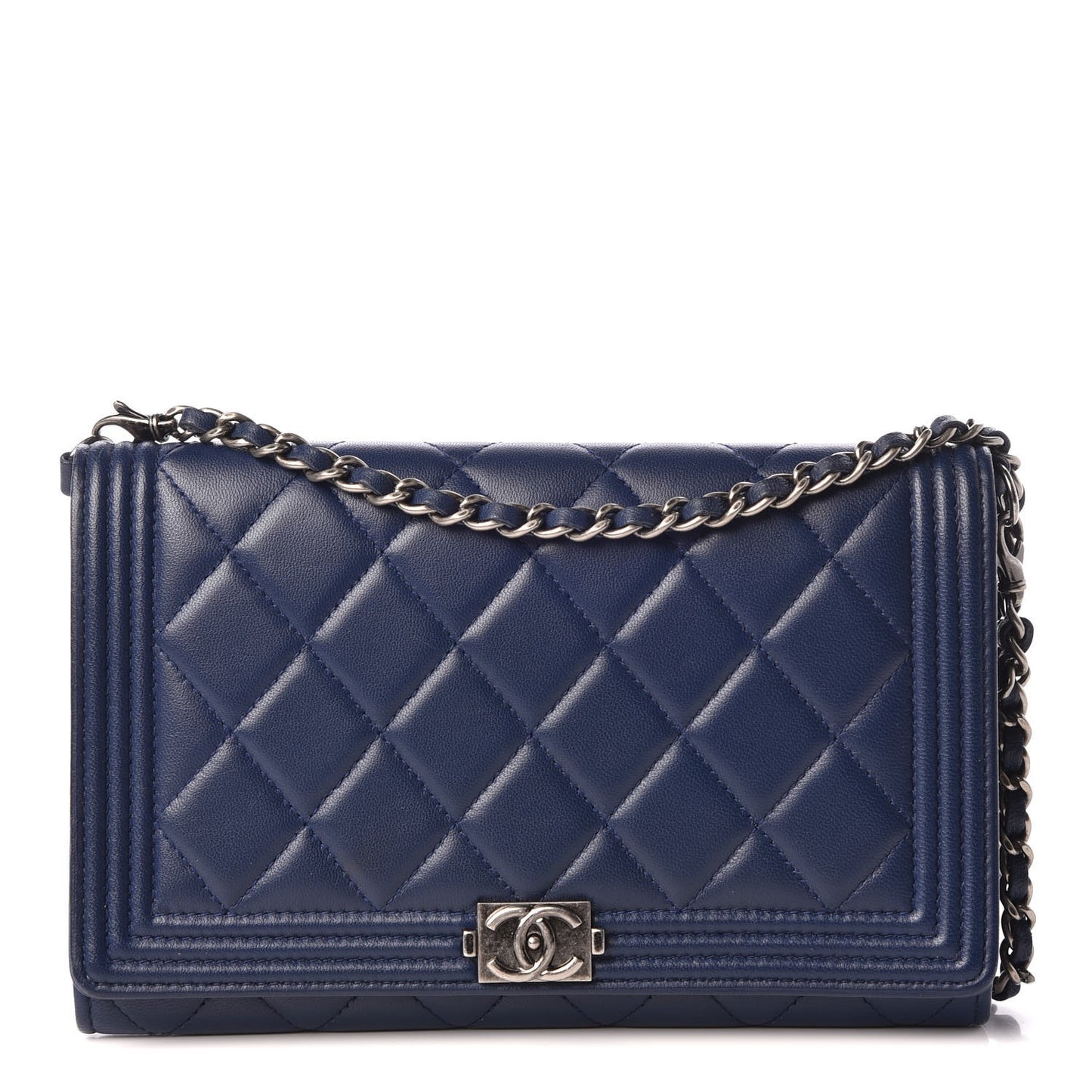 Lambskin Quilted Boy Wallet On Removable Chain WOC Navy