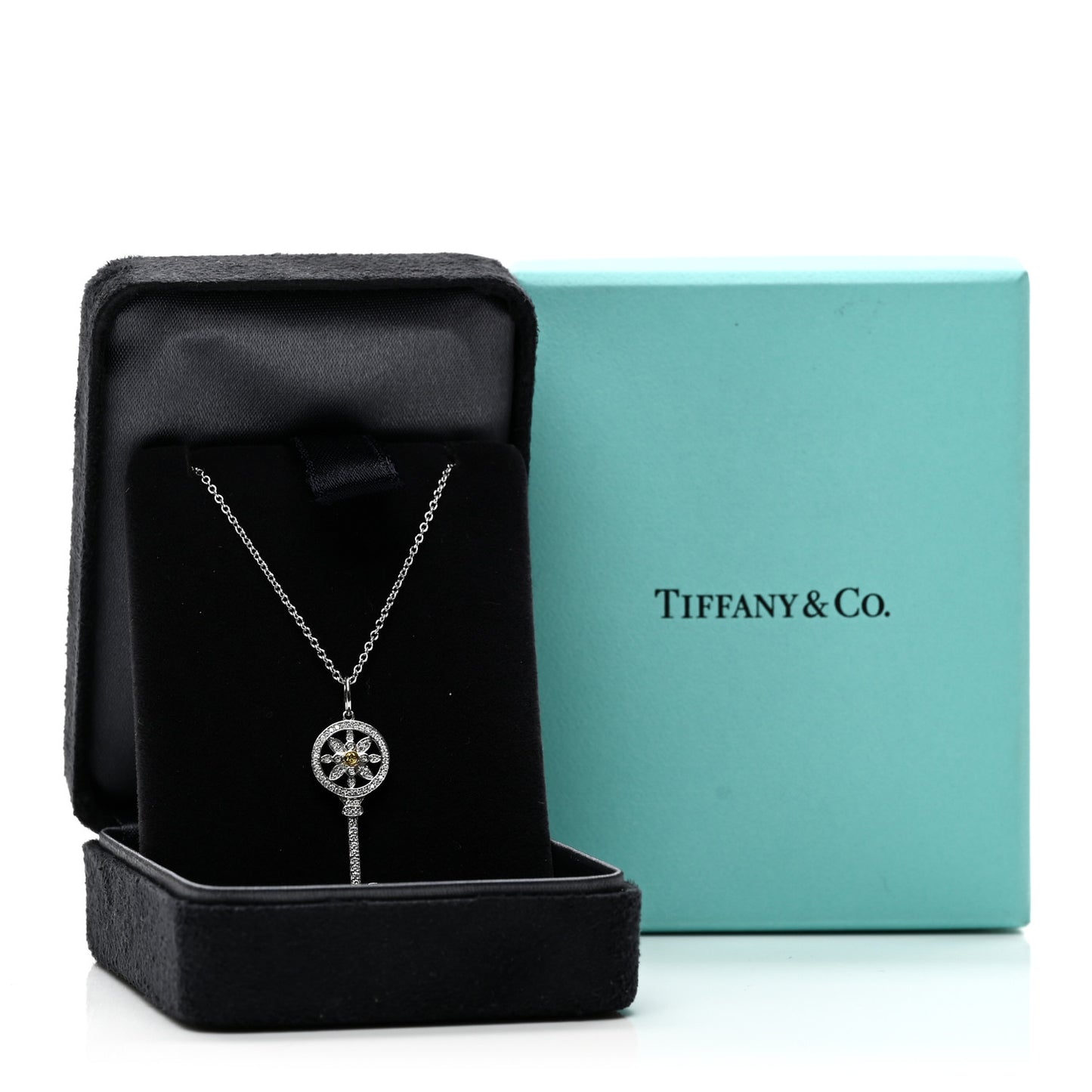 Platinum 18K Yellow Gold Yellow Diamond Daisy Key Pendant Necklace