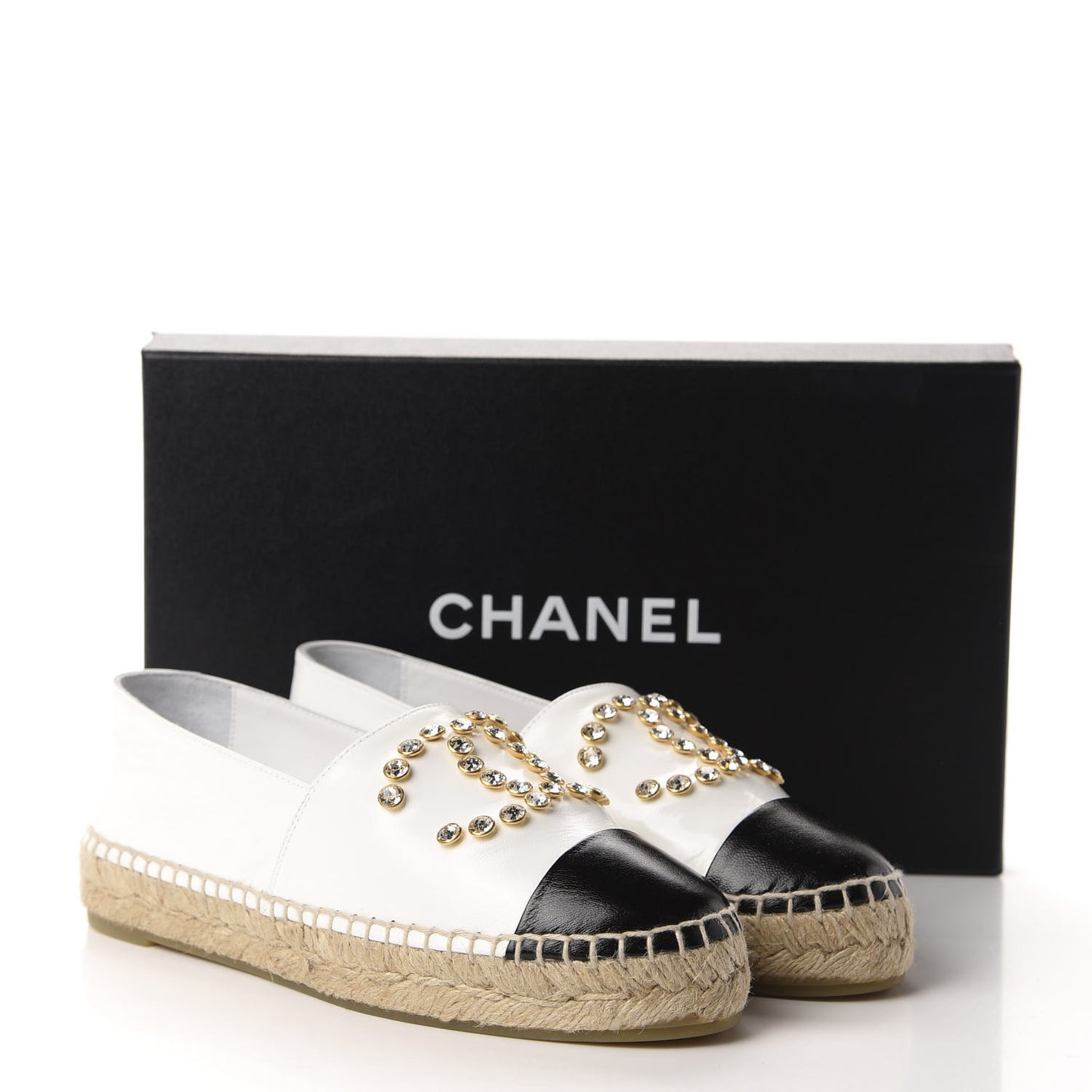 Patent Calfskin Crystal CC Espadrilles 36 White Black
