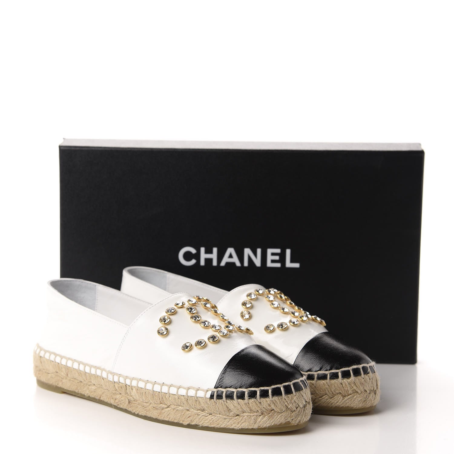 Chanel Patent Calfskin Crystal CC Espadrilles 36 White Black 12 of 12