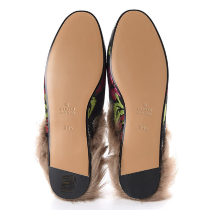 Gucci Brocade Fur Floral Womens Princetown Slippers 39.5 Black Anthracite 5 of 9