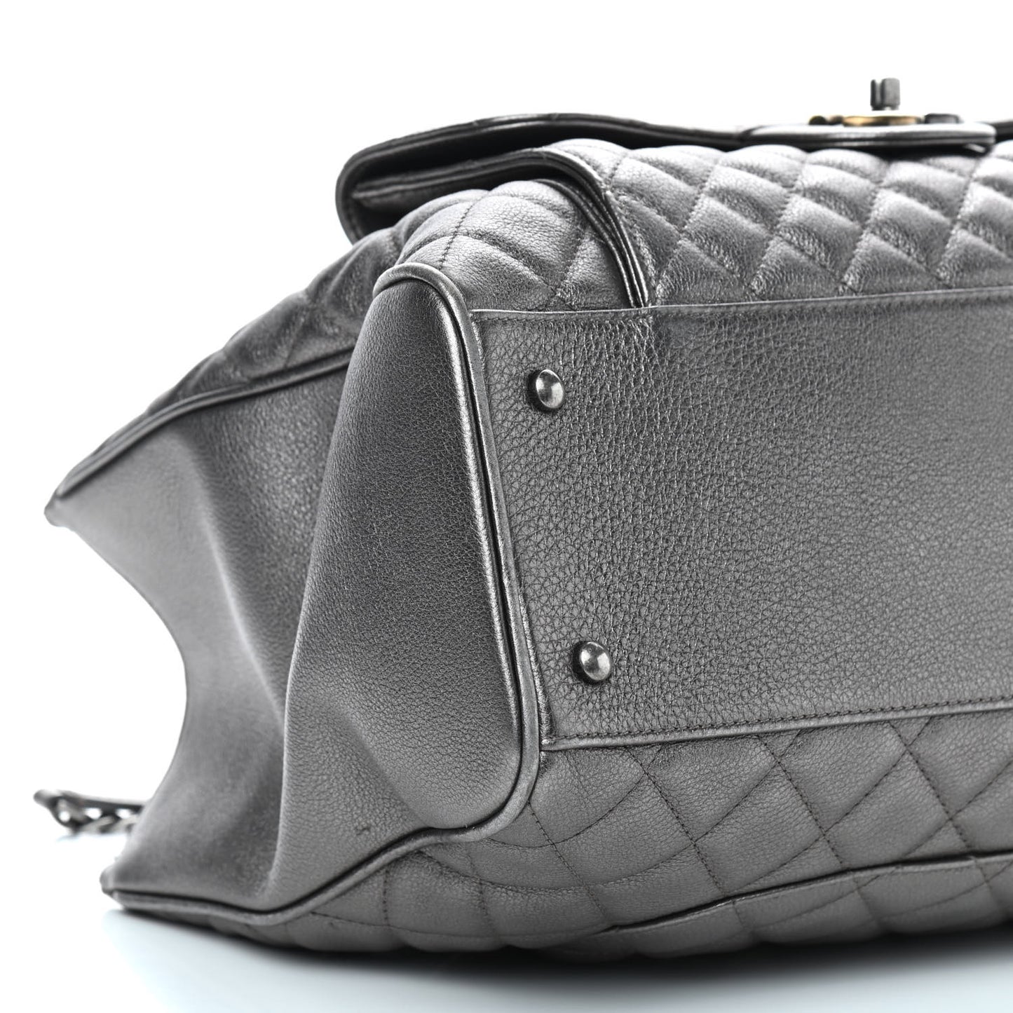 Metallic Grained Calfskin Quilted Large Casual Pocket Tote Silver