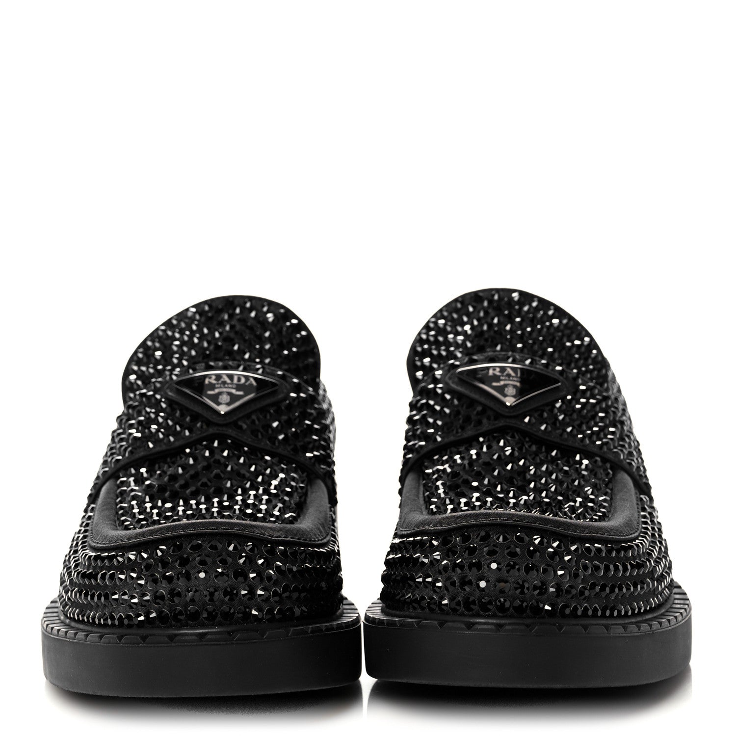 Prada Satin Crystal Metal Triangle Logo Mens Loafers 7 Black 2 of 7