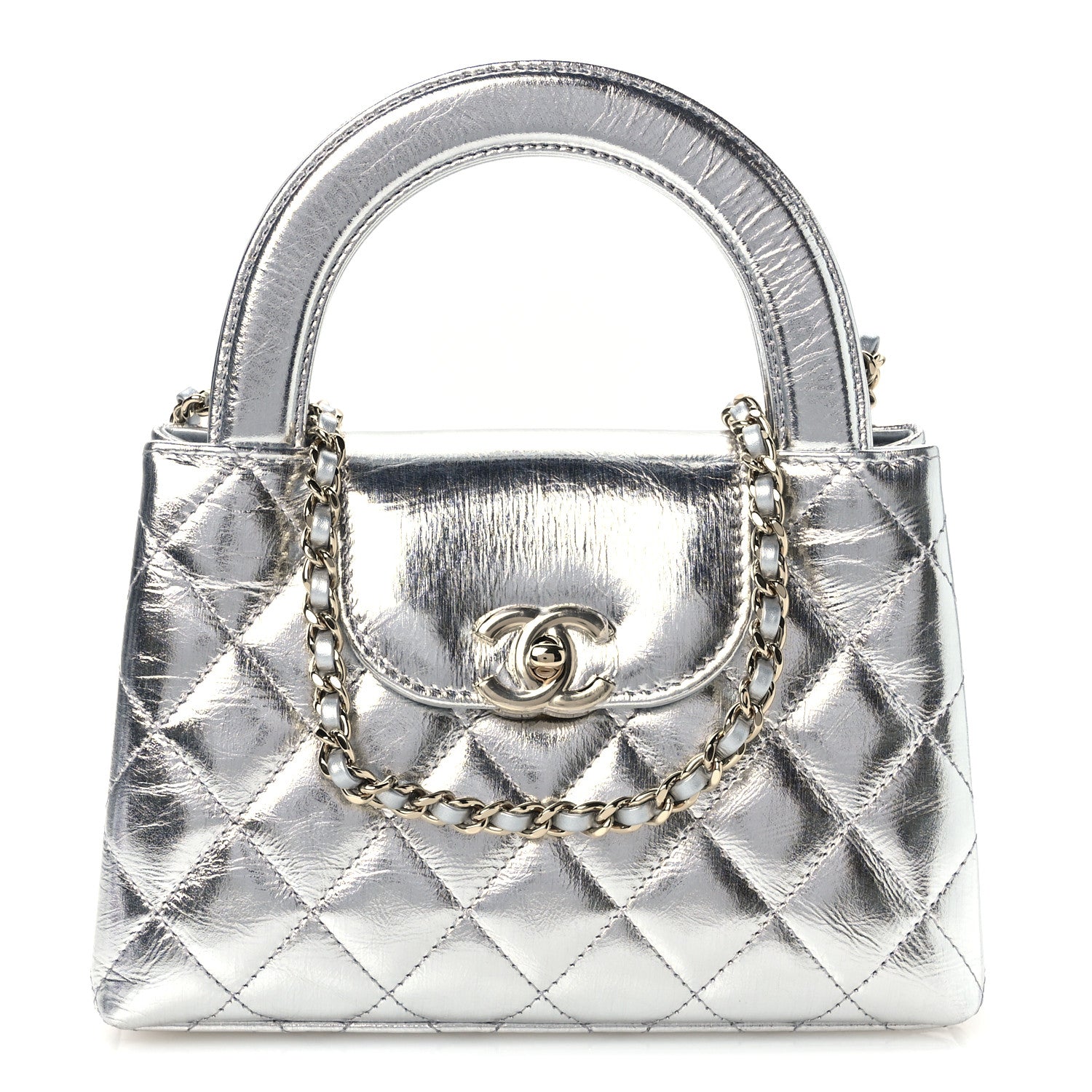 Chanel Metallic Aged Calfskin Quilted Nano Kelly Shopper Silvery 1 of 10