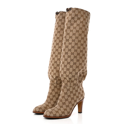 Gucci Monogram Malaga Kid Lisa Mid Heel Boots 38.5 Beige Ebony 3 of 13