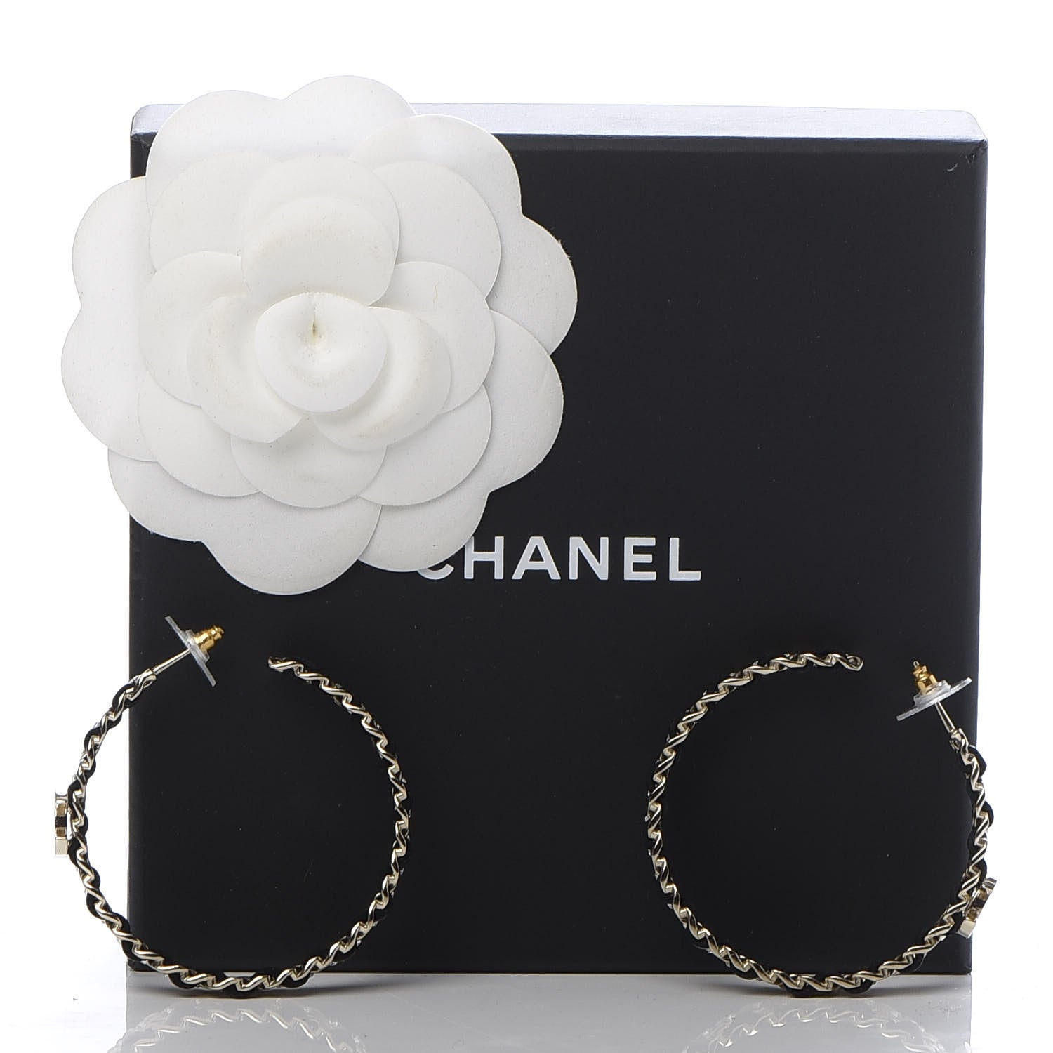 Chanel Crystal Lambskin CC Chain Hoop Earrings Gold Black 6 of 6