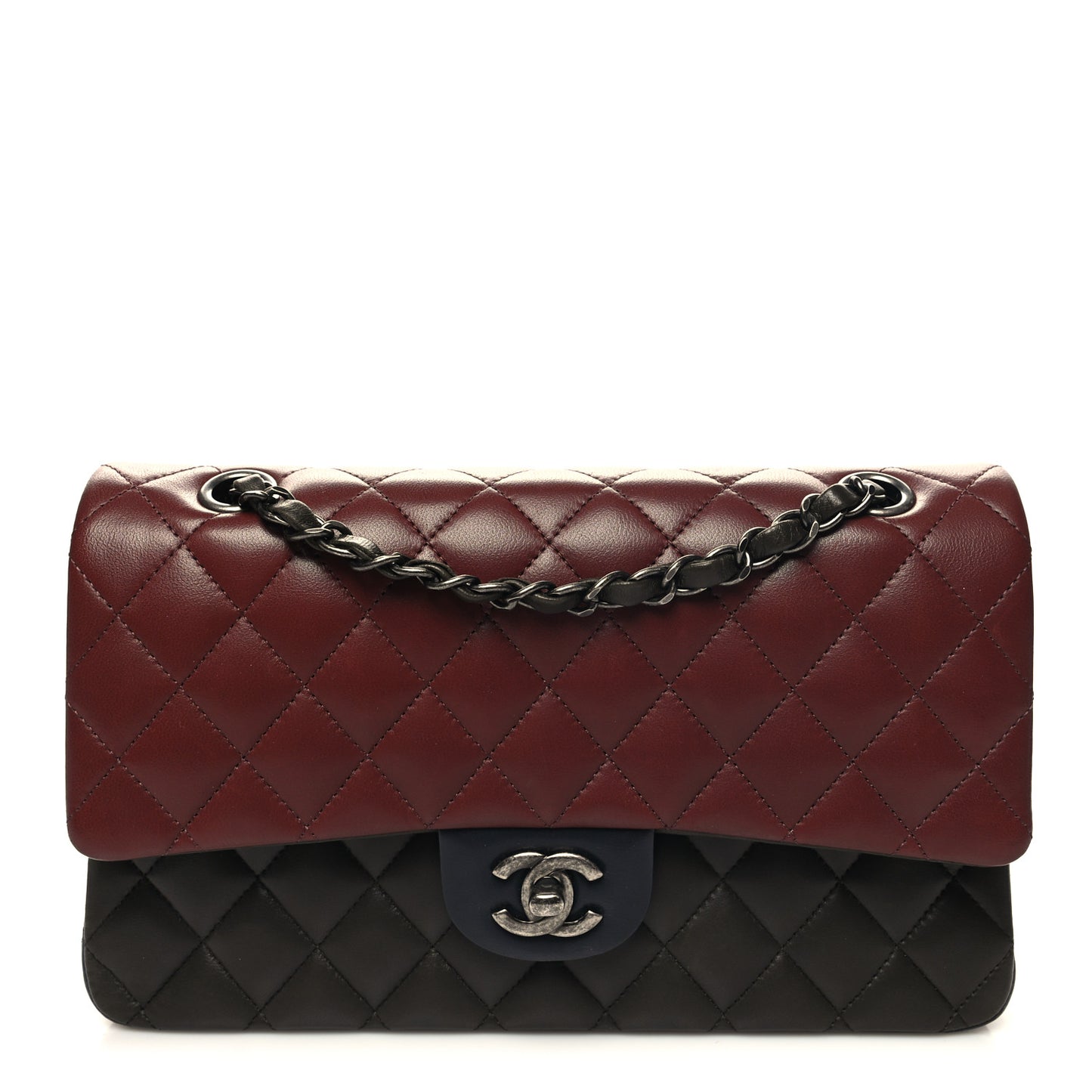 Lambskin Quilted Tri-Color Medium Double Flap Burgundy