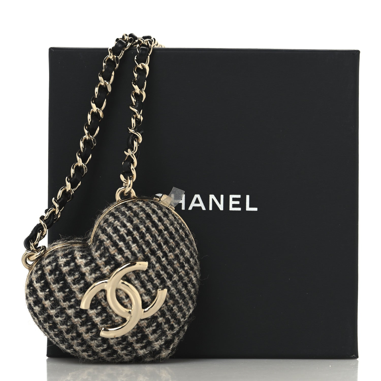 Chanel Tweed Lambskin CC Heart Locket Necklace Gold Black Beige