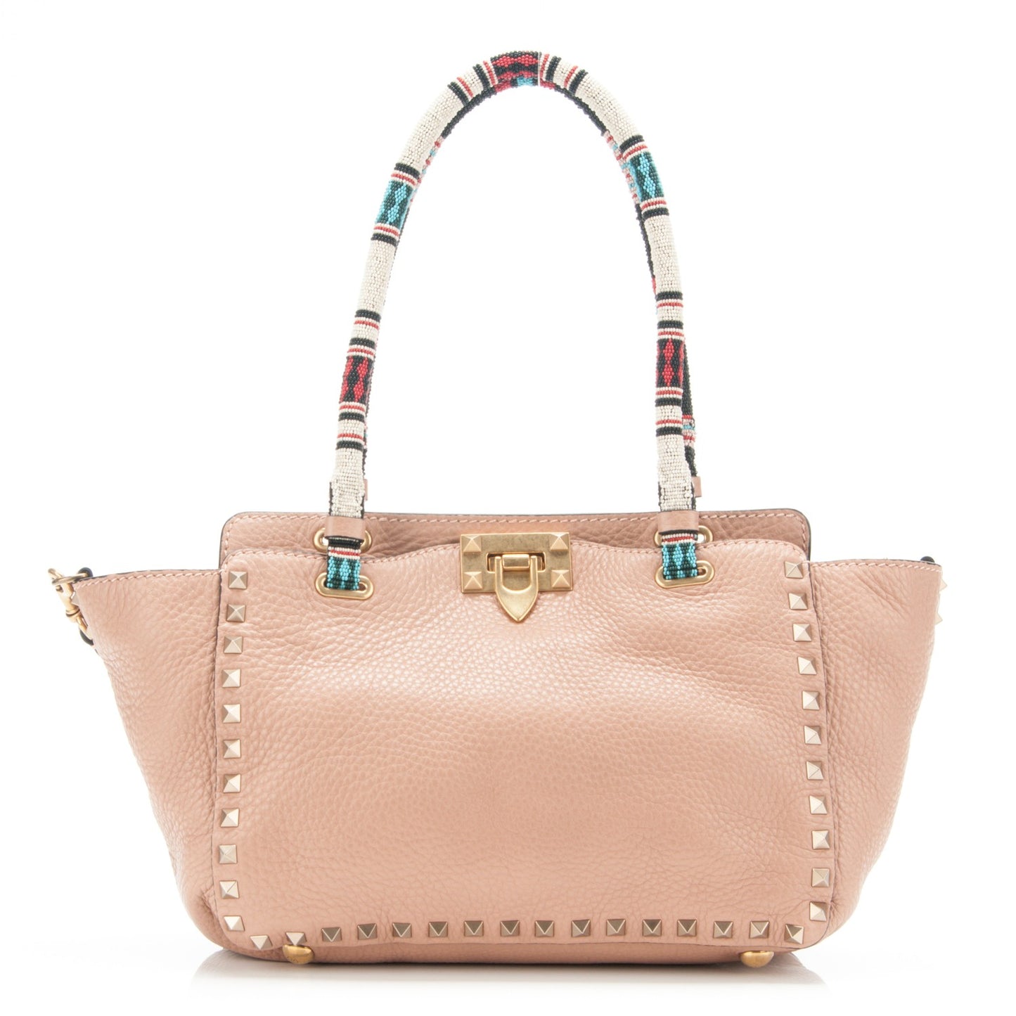 Pebbled Calfskin Beaded Small Rockstud Tote Nude