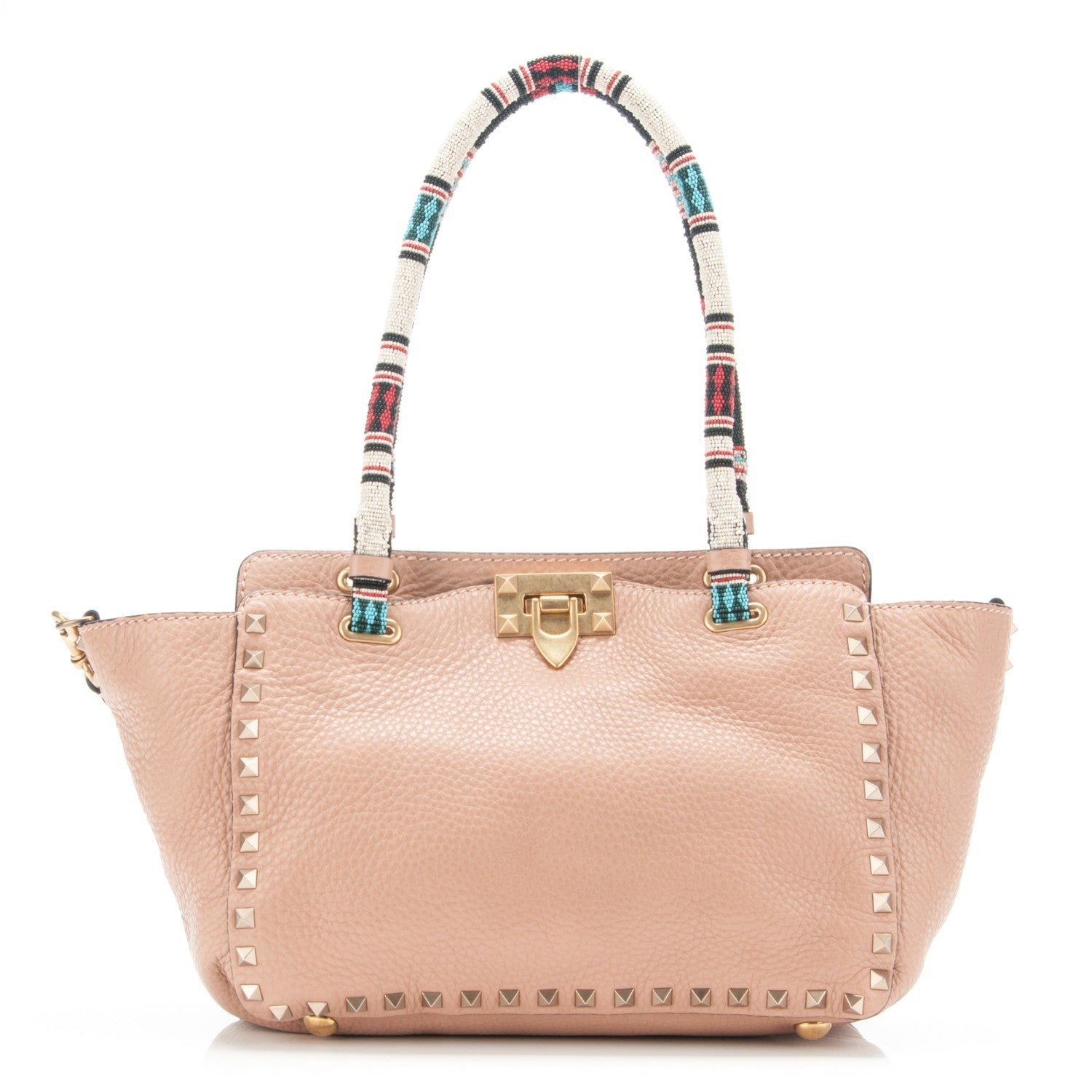 Valentino Garavani Pebbled Calfskin Beaded Small Rockstud Tote Nude 1 of 7