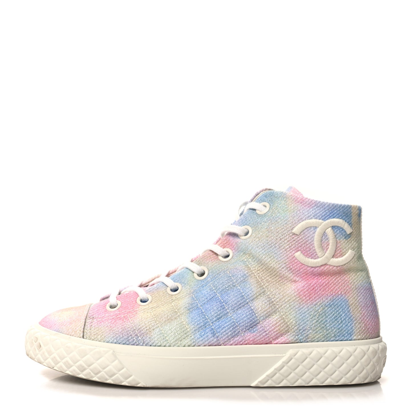 Printed Fabric Quilted High Top Sneakers 39 Green Pink Blue White