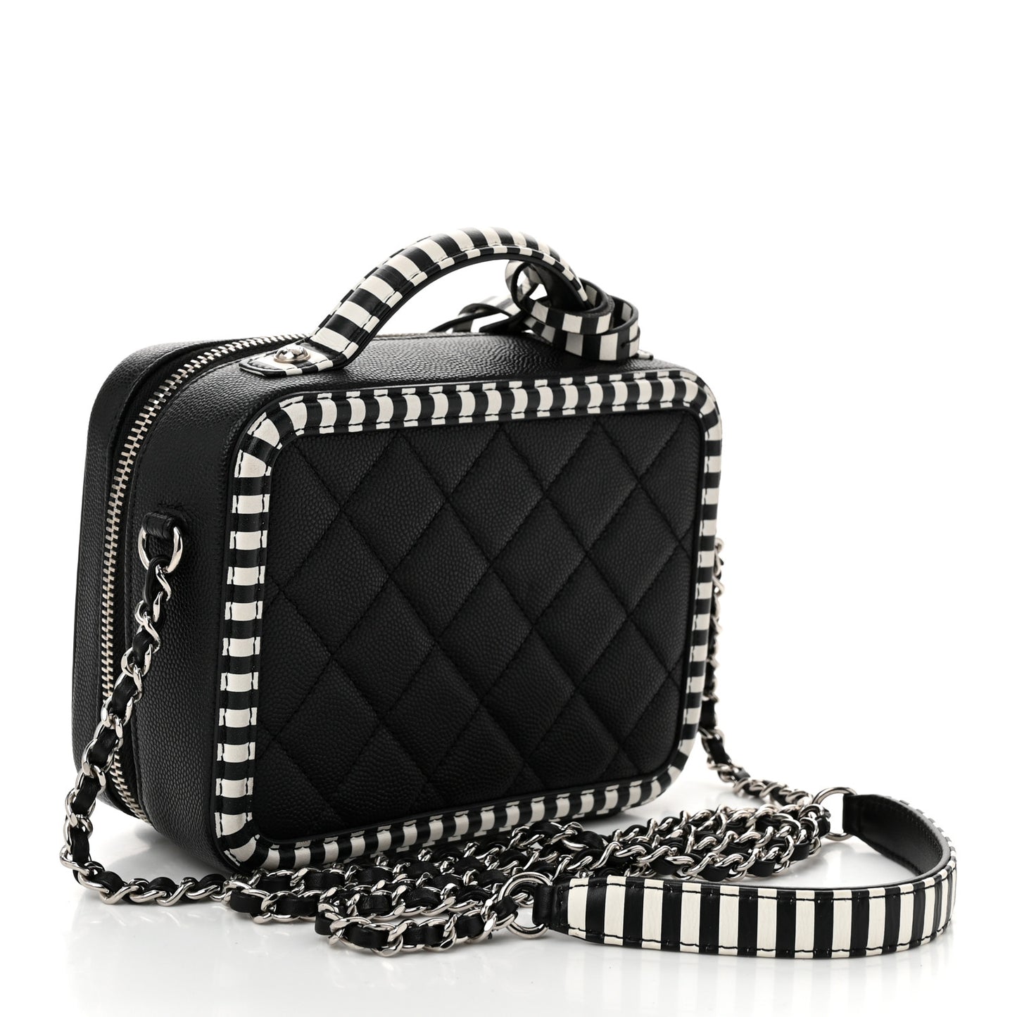 Caviar Quilted Striped Small CC Filigree Vanity Case Black White
